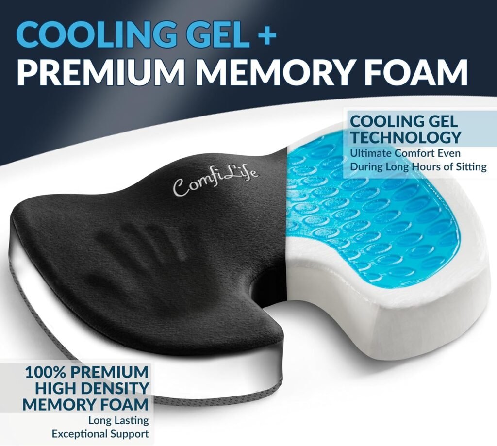 ComfiLife Gel Memory Foam Cushion, best gel memory foam cushion, ergonomic seat cushion, tailbone support, pain relief, sciatica cushion, office chair cushion, travel seat cushion.