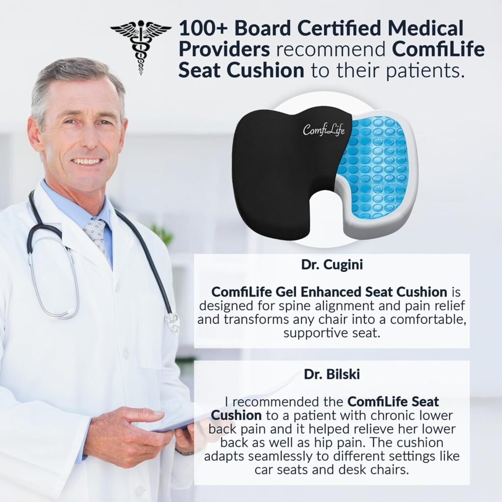 ComfiLife Gel Memory Foam Cushion, best gel memory foam cushion, ergonomic seat cushion, tailbone support, pain relief, sciatica cushion, office chair cushion, travel seat cushion.