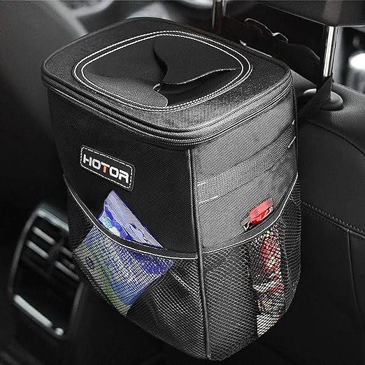 <a href="https://amzn.to/3DWJygw">HOTOR Car Trash Can with Lid and Storage Pockets - 100% Leak-Proof Organizer, Waterproof Garbage Can, Multipurpose Trash Bin for Car, 2 Gallons, Black</a>